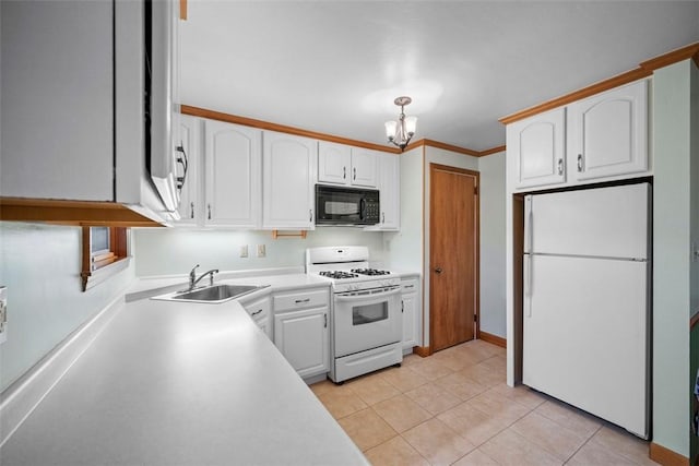 kitchen with light tile patterned floors, white appliances, a sink, white cabinetry, and light countertops