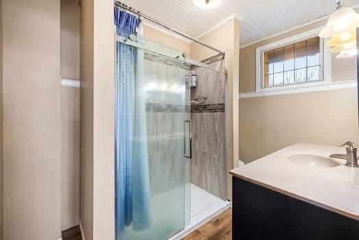 full bathroom featuring an enclosed shower and vanity