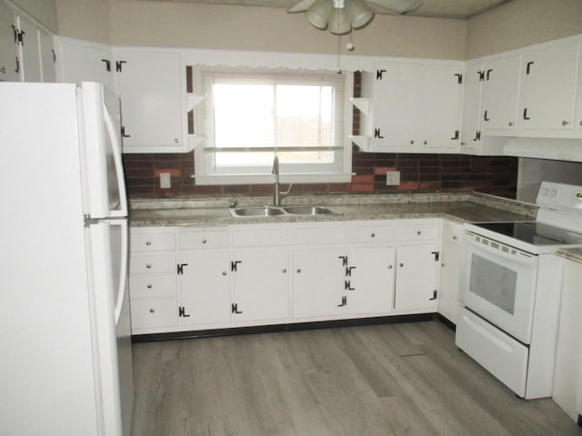 kitchen featuring white cabinets, white appliances, open shelves, and a sink