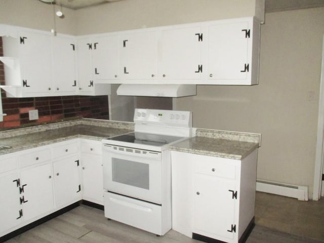 kitchen with range hood, light wood finished floors, white electric range oven, a baseboard radiator, and white cabinets