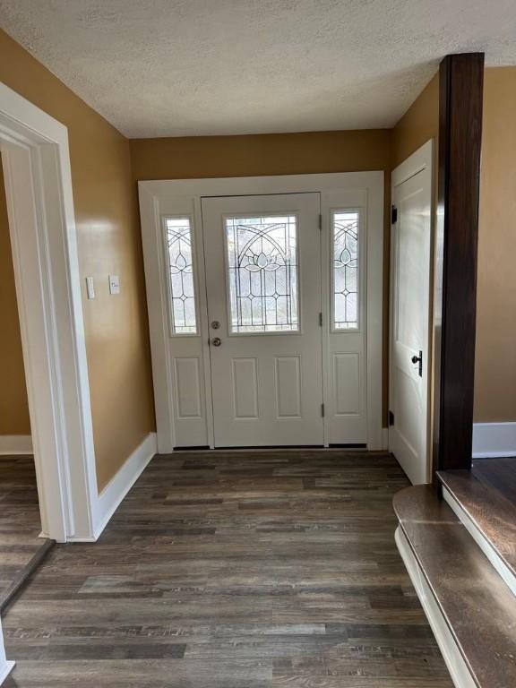 foyer entrance featuring a wealth of natural light, a textured ceiling, and dark wood-style flooring