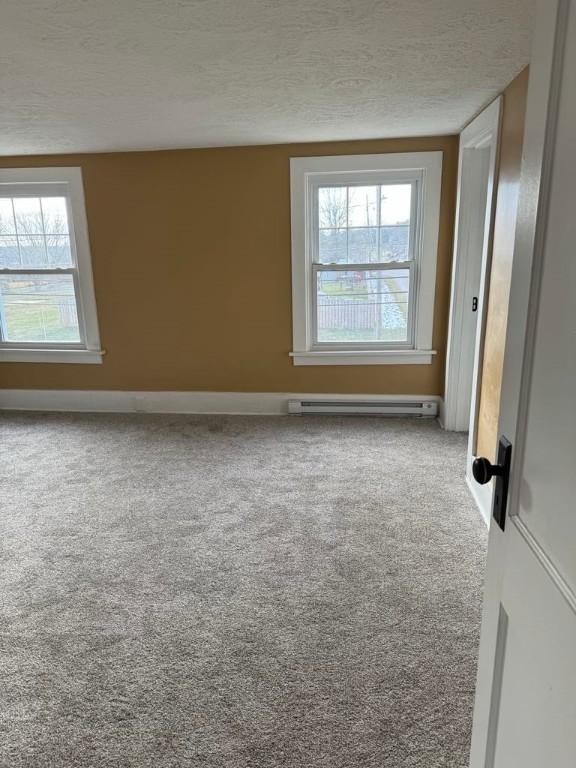 empty room featuring a textured ceiling, carpet floors, and a wealth of natural light