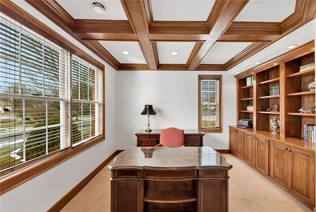 office space featuring light carpet, beamed ceiling, coffered ceiling, and baseboards