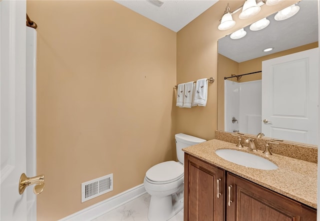 bathroom featuring baseboards, visible vents, toilet, marble finish floor, and vanity