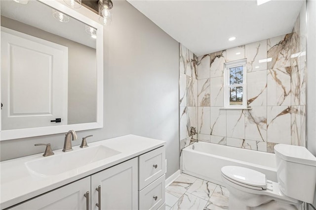 bathroom featuring toilet, recessed lighting, vanity, marble finish floor, and shower / bathing tub combination