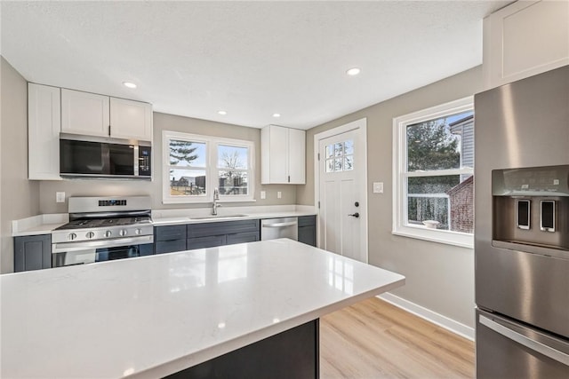 kitchen with appliances with stainless steel finishes, plenty of natural light, white cabinetry, and a sink