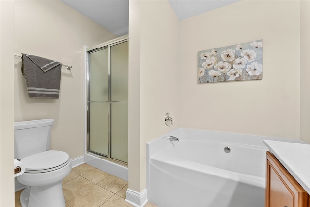 bathroom with toilet, baseboards, a bath, tile patterned floors, and a stall shower