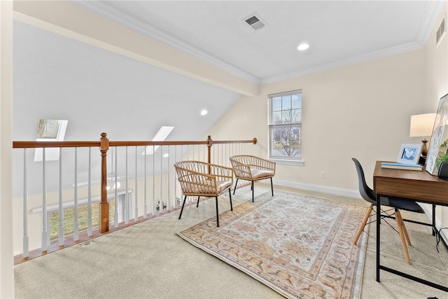 carpeted office featuring ornamental molding, visible vents, and baseboards