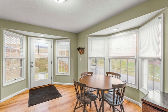 dining room featuring a wealth of natural light, light wood-type flooring, and baseboards