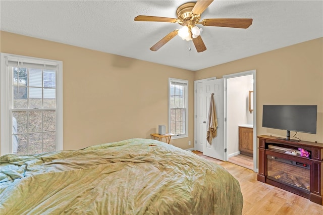 bedroom with light wood-style floors, ensuite bath, multiple windows, and a textured ceiling