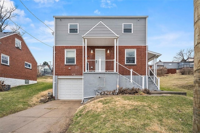 view of front facade with brick siding, an attached garage, and a front lawn