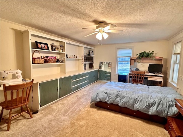 carpeted bedroom featuring a textured ceiling and multiple windows