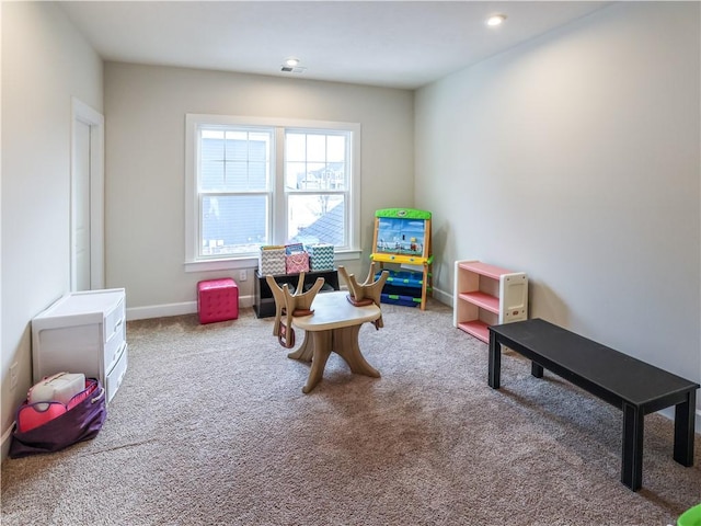 game room with recessed lighting, carpet floors, visible vents, and baseboards