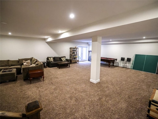 below grade area with carpet flooring, recessed lighting, and pool table