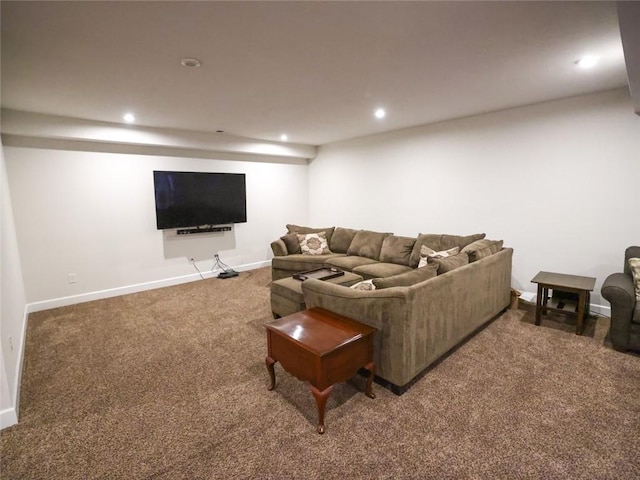 living room with baseboards, carpet flooring, and recessed lighting
