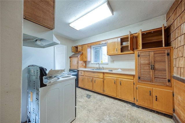 kitchen with open shelves, washer / clothes dryer, a sink, and light countertops