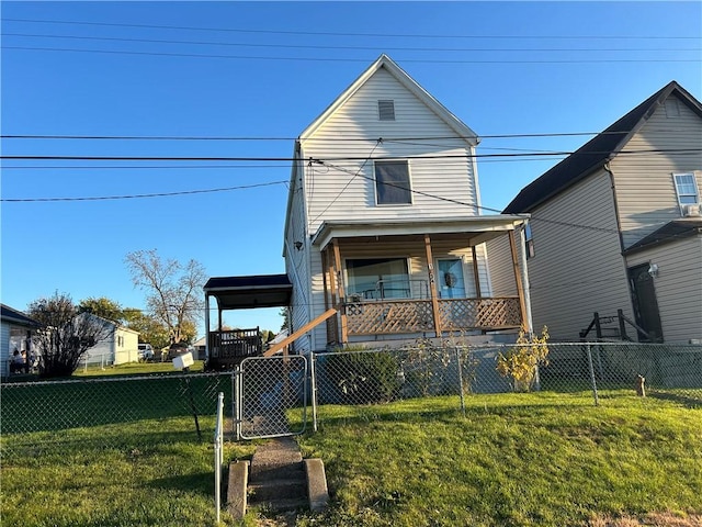 view of front facade featuring a porch, a front yard, a gate, and a fenced front yard