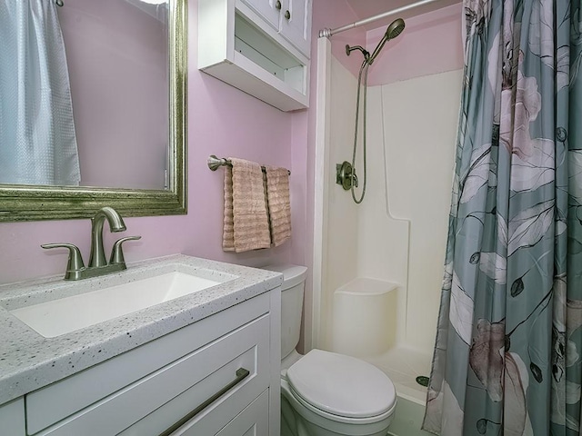 bathroom with toilet, a shower stall, and vanity