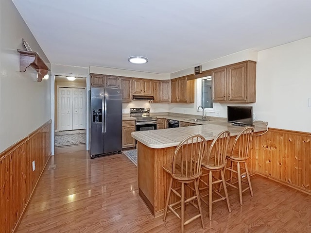 kitchen with a wainscoted wall, stainless steel appliances, a peninsula, a sink, and light wood-type flooring