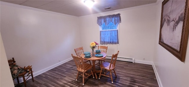 dining area featuring baseboards, visible vents, a baseboard radiator, wood finished floors, and crown molding