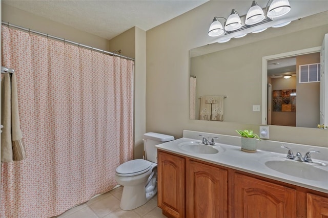 full bath with toilet, tile patterned flooring, visible vents, and a sink