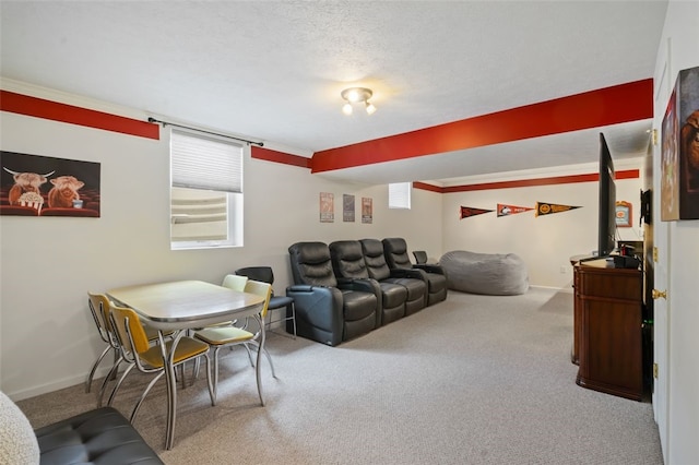 carpeted living area with a textured ceiling and baseboards