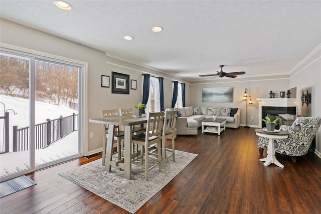 dining room featuring a textured ceiling, dark wood-style flooring, a fireplace, baseboards, and crown molding