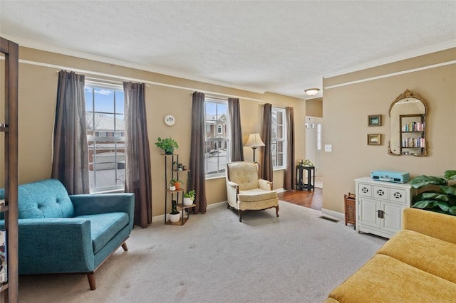 living room featuring a textured ceiling, carpet floors, visible vents, and baseboards