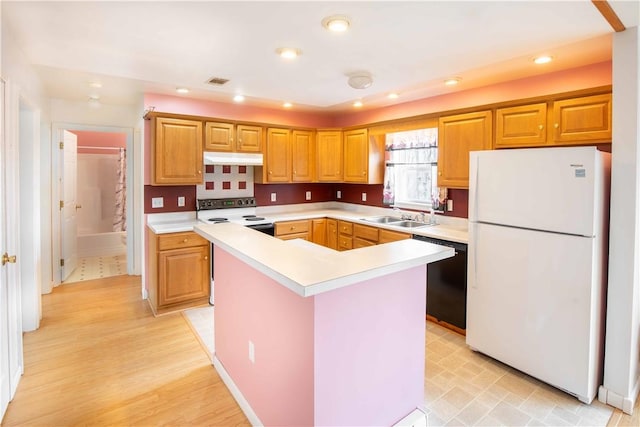 kitchen with black dishwasher, range with electric cooktop, freestanding refrigerator, light countertops, and a sink