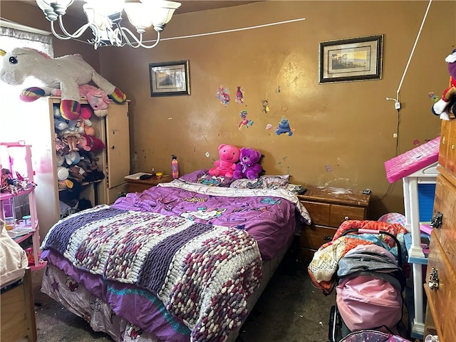 bedroom with carpet and a notable chandelier