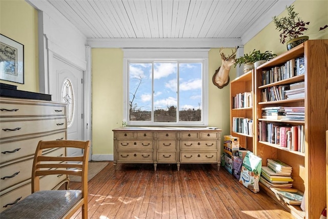 living area with wood ceiling and dark wood-style flooring