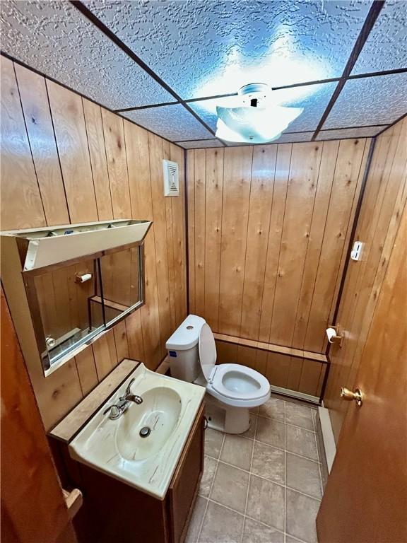 bathroom with toilet, wood walls, vanity, and tile patterned floors