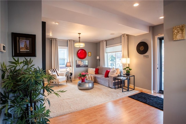 living area with recessed lighting, carpet, baseboards, and wood finished floors