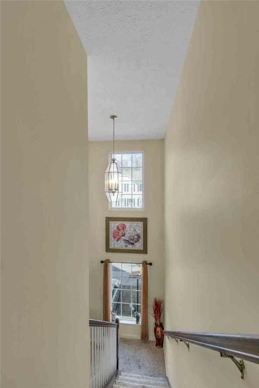 255 Grace Manor Dr, Robinson Twp Nwa, PA 15108 - stairway featuring an inviting chandelier, a high ceiling, and carpet floors