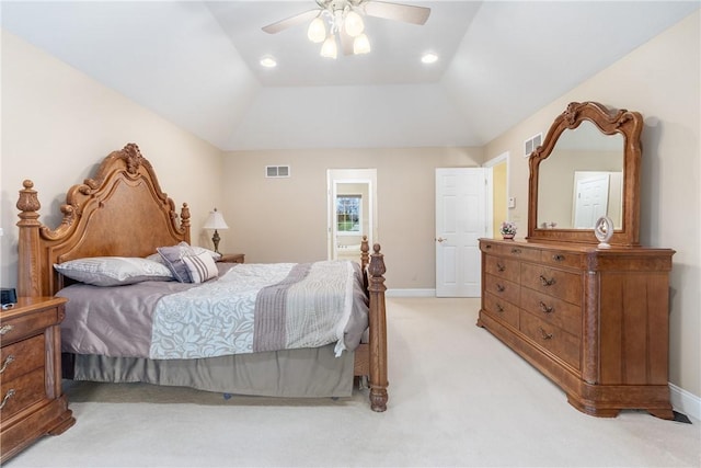 bedroom featuring light colored carpet, visible vents, recessed lighting, and baseboards