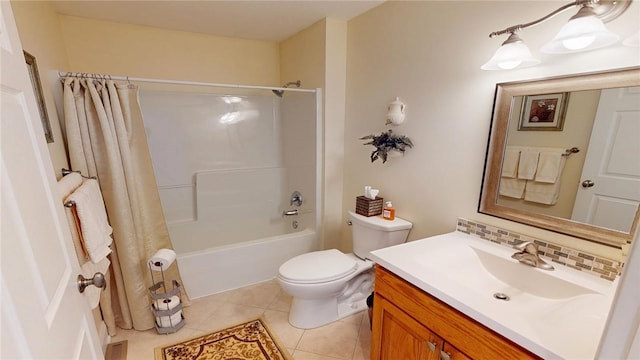 full bathroom with tile patterned flooring, toilet, vanity, backsplash, and shower / tub combo with curtain