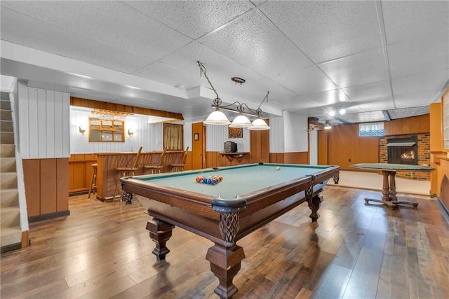 129 Birch St, Brighton Twp, PA 15009 - recreation room featuring wooden walls, wet bar, wood-type flooring, a paneled ceiling, and billiards table