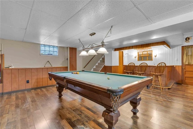 129 Birch St, Brighton Twp, PA 15009 - game room featuring wood-type flooring, a dry bar, wooden walls, billiards table, and a paneled ceiling