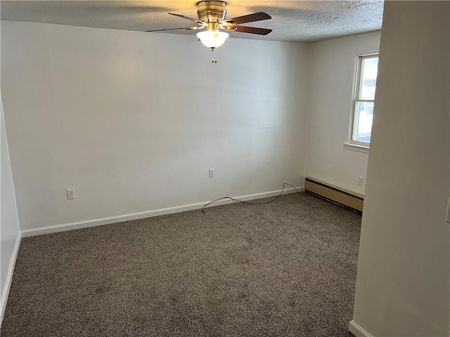 carpeted spare room with a baseboard heating unit, a textured ceiling, baseboards, and a ceiling fan