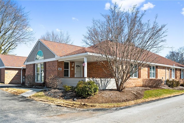 view of property exterior featuring a shingled roof and brick siding