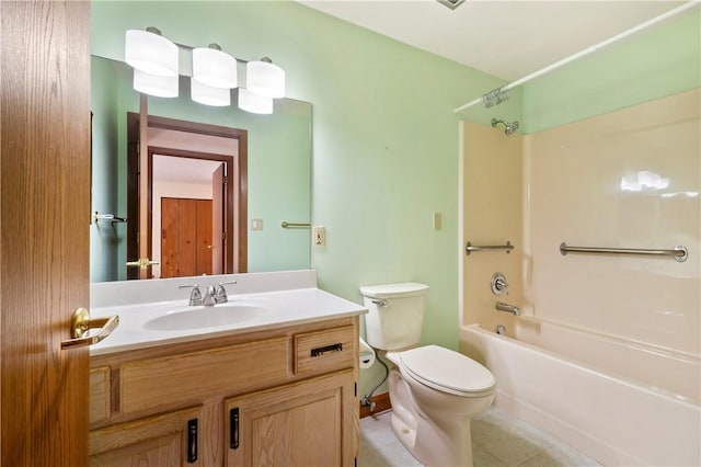 full bathroom featuring vanity, shower / tub combination, toilet, and tile patterned floors