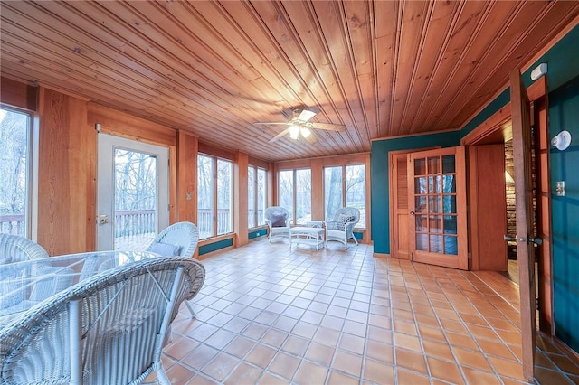 sunroom with wood ceiling and a ceiling fan