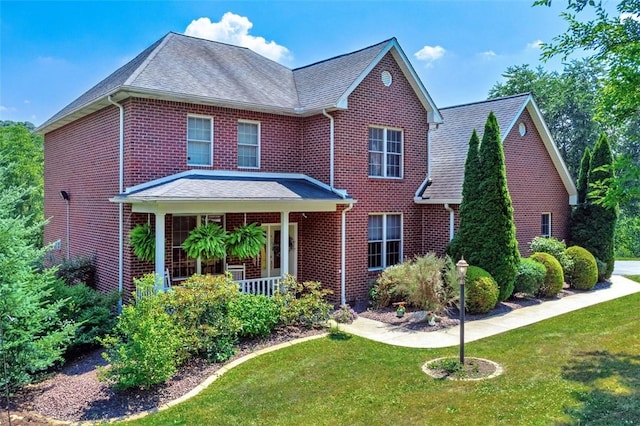 view of front of house featuring a porch, a front yard, brick siding, and a shingled roof