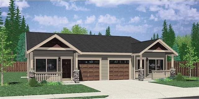 view of front facade featuring covered porch, concrete driveway, fence, and a garage