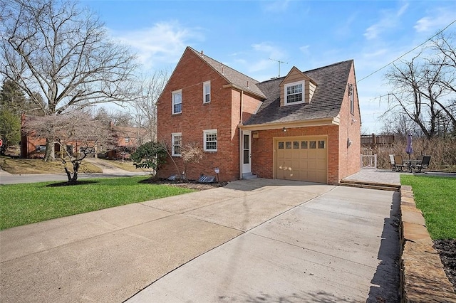 view of side of home with crawl space, fence, concrete driveway, and brick siding