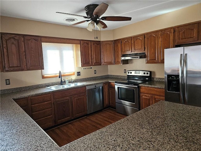 kitchen with dark countertops, visible vents, under cabinet range hood, stainless steel appliances, and a sink