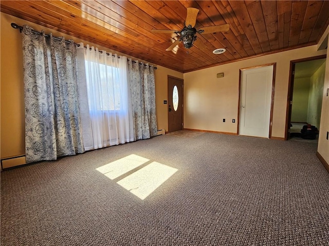 carpeted empty room with wooden ceiling, crown molding, baseboards, and ceiling fan