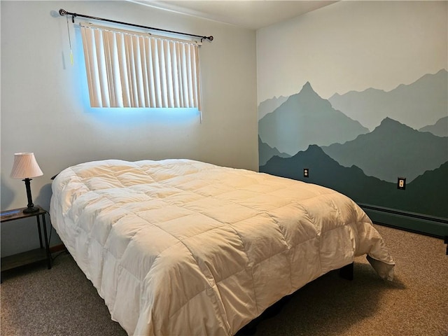 carpeted bedroom featuring baseboard heating