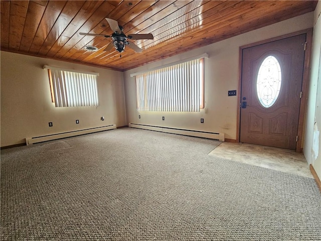 carpeted foyer featuring ceiling fan, wood ceiling, visible vents, and a baseboard radiator