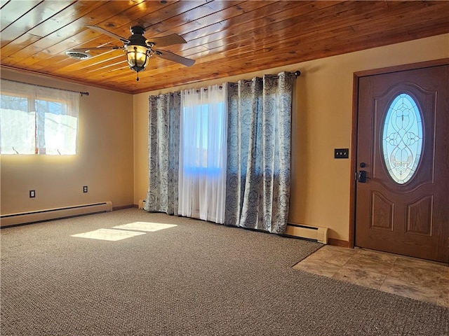 carpeted foyer entrance featuring visible vents, baseboards, ceiling fan, wood ceiling, and baseboard heating